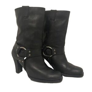 Harley Davidson LeathervMid-Calf Black Motorcycle Boots Metal Harness‎